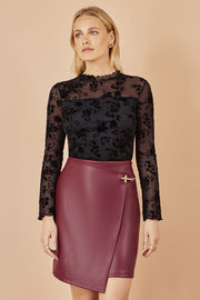 Yumi Black Flocked Floral Stretch Mesh Top With Long Sleeves
