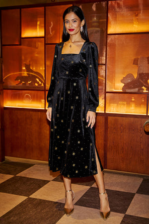 Yumi Black Velvet Midi Dress With Starburst Foil Print