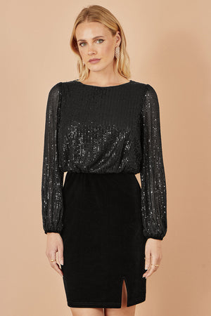 Yumi Black Sequin And Velvet Mini Dress