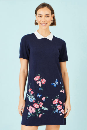 Yumi Navy Embroidered Knitted Floral Tunic