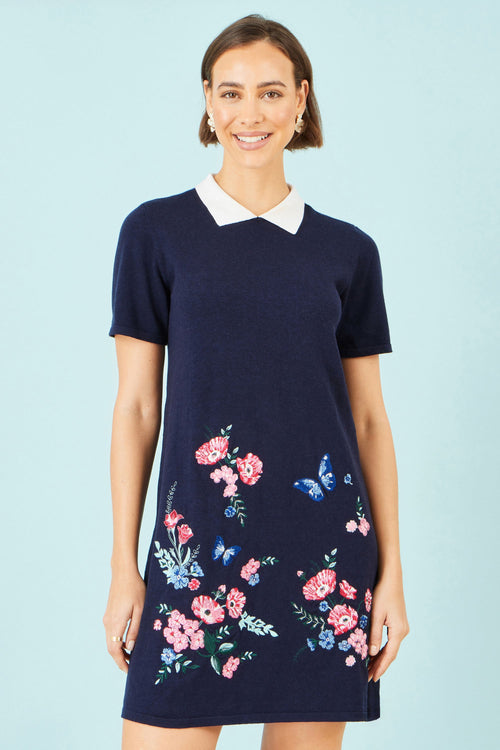 Yumi Navy Embroidered Knitted Floral Tunic