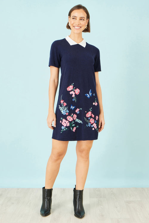 Yumi Navy Embroidered Knitted Floral Tunic