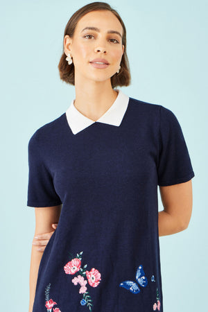 Yumi Navy Embroidered Knitted Floral Tunic
