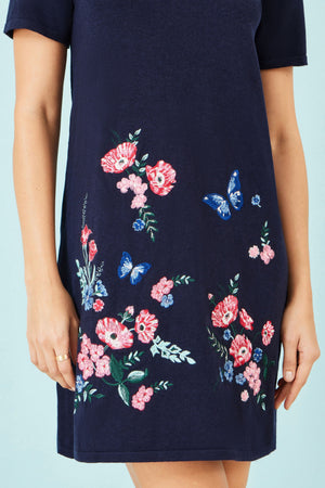 Yumi Navy Embroidered Knitted Floral Tunic