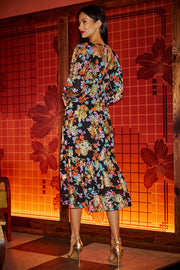 Yumi Black Floral And Foil Ruched Midi Dress With Split Hemline