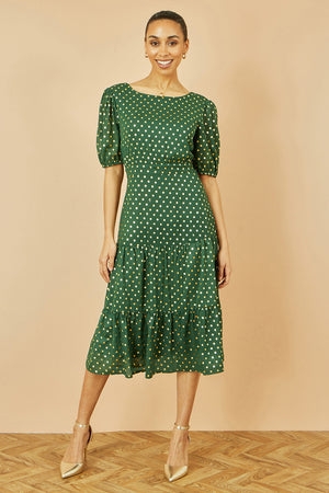 Yumi Green Gold Foil Spot Midi Dress With Scoop Back