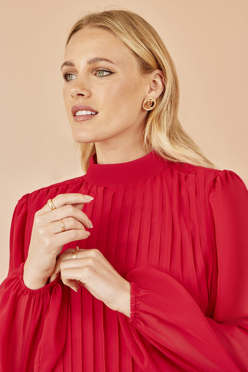 Yumi Red Pleated Long Sleeve Top With High Neck