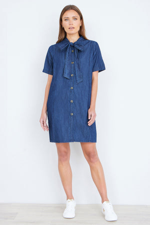 Yumi Blue Chambray Tunic With Pussy Bow Tie