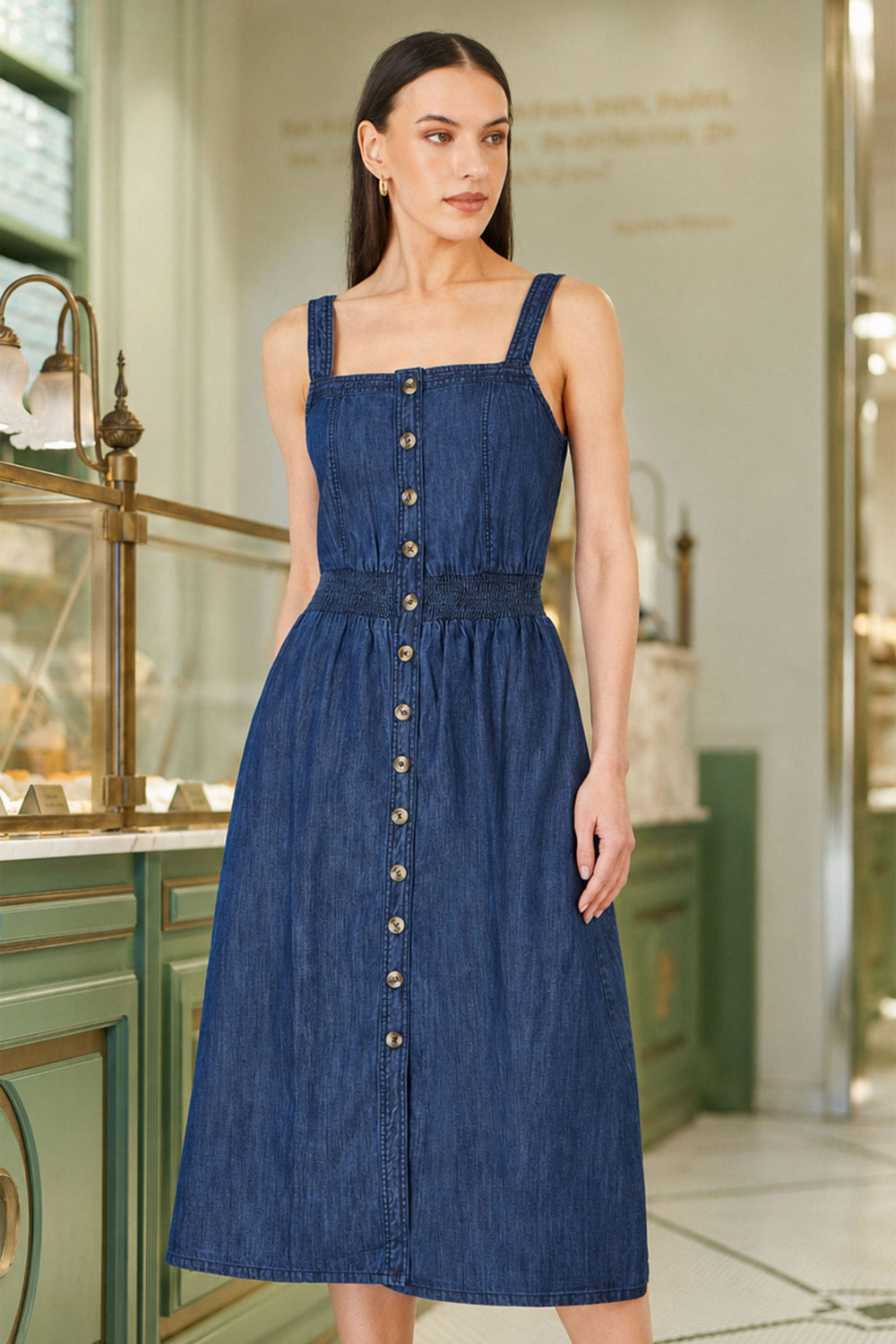 Yumi Blue Chambray Cotton Ruched Midi Sun Dress