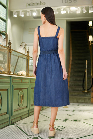 Yumi Blue Chambray Cotton Ruched Midi Sun Dress