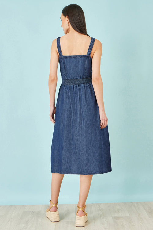 Yumi Blue Chambray Cotton Ruched Midi Sun Dress