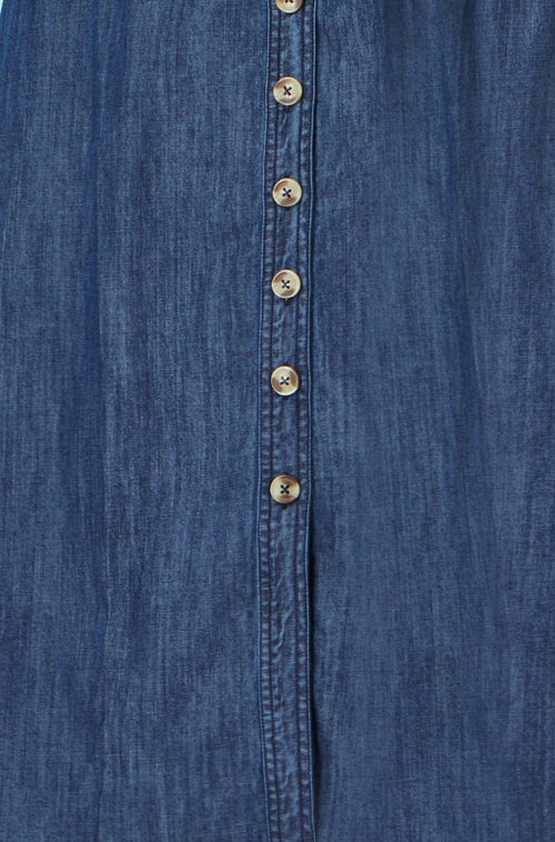 Yumi Blue Chambray Cotton Ruched Midi Sun Dress