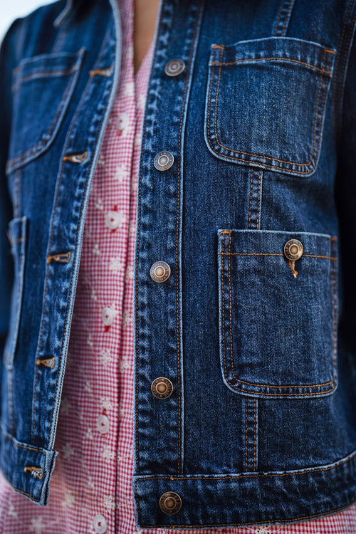 Yumi Blue Stretch Denim Jacket With Pocket Detail