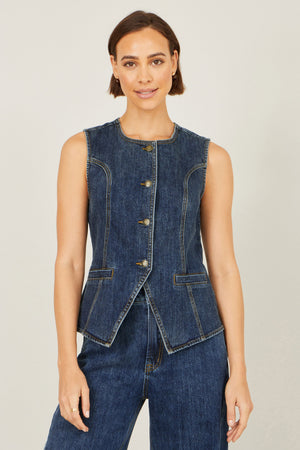 Yumi Blue Stretch Long Denim Waistcoat