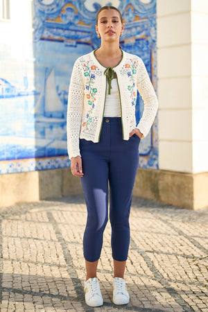 Yumi Ivory Crochet Knitted Tie Front Cardigan With Floral Embroidery
