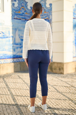 Yumi Ivory Crochet Knitted Tie Front Cardigan With Floral Embroidery