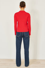 Yumi Red Ribbed Collar Button Up Cardigan