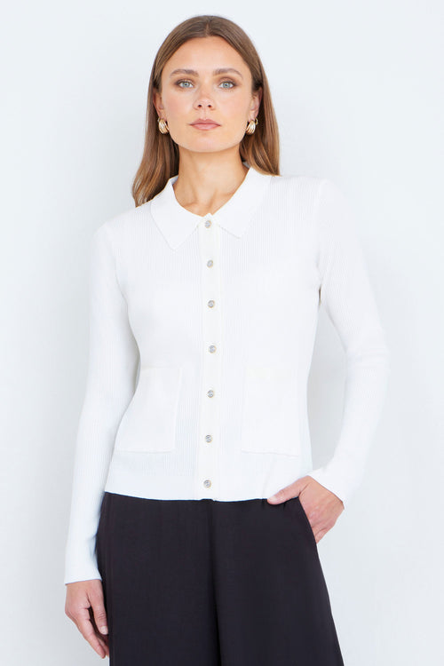 Yumi Ivory Ribbed Collar Button Up Cardigan