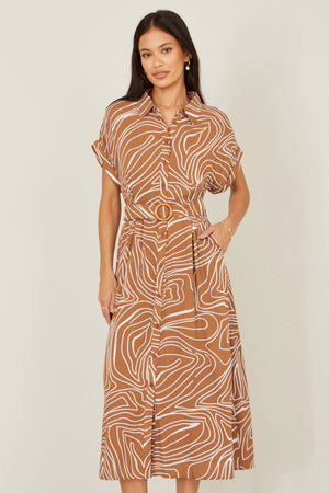 Yumi Brown Abstract Swirl Print Relaxed Midi Shirt Dress With Belt