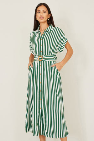 Yumi Green Stripe Print Relaxed Midi Shirt Dress With Belt