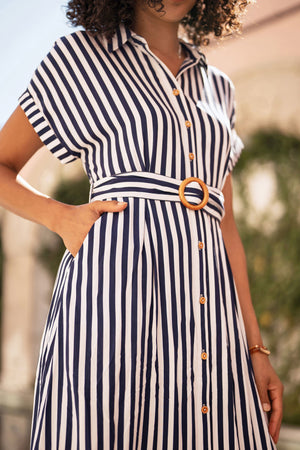 Yumi Navy Stripe Print Relaxed Midi Shirt Dress With Belt