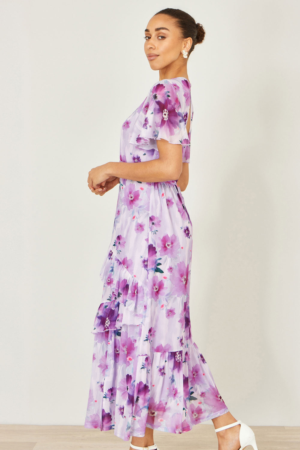 Yumi Lavender Floral Print Frill Midi Dress