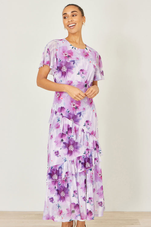 Yumi Lavender Floral Print Frill Midi Dress