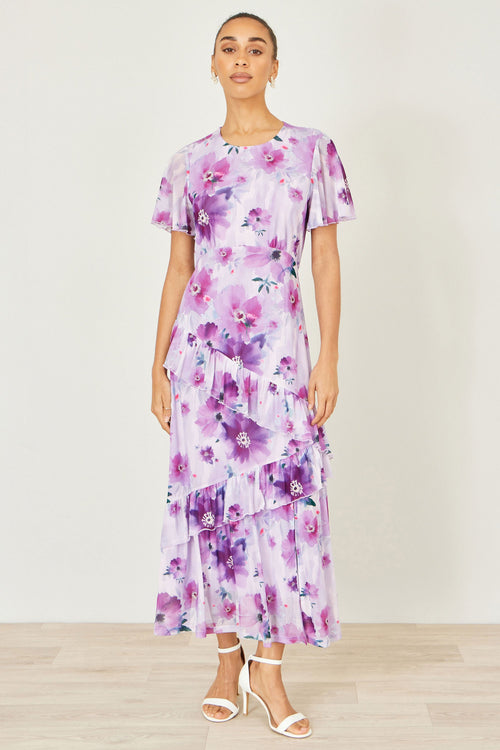 Yumi Lavender Floral Print Frill Midi Dress