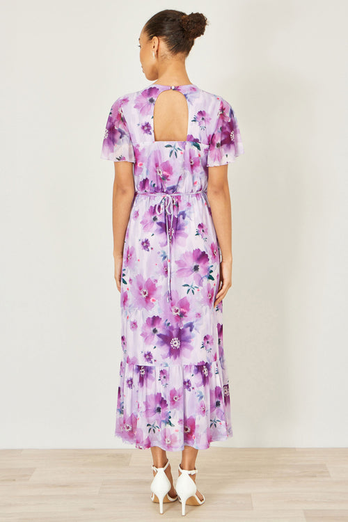 Yumi Lavender Floral Print Frill Midi Dress