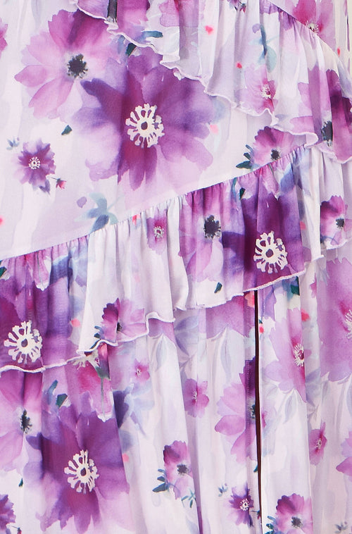 Yumi Lavender Floral Print Frill Midi Dress