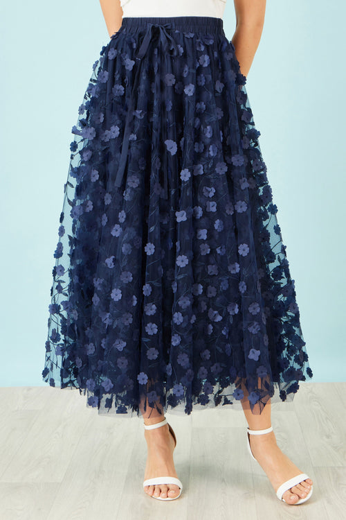 Yumi Navy Mesh Floral Applique Midi Skirt