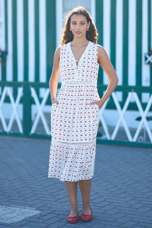 Yumi White Cherry Print Lace Trim Cotton Midi Dress