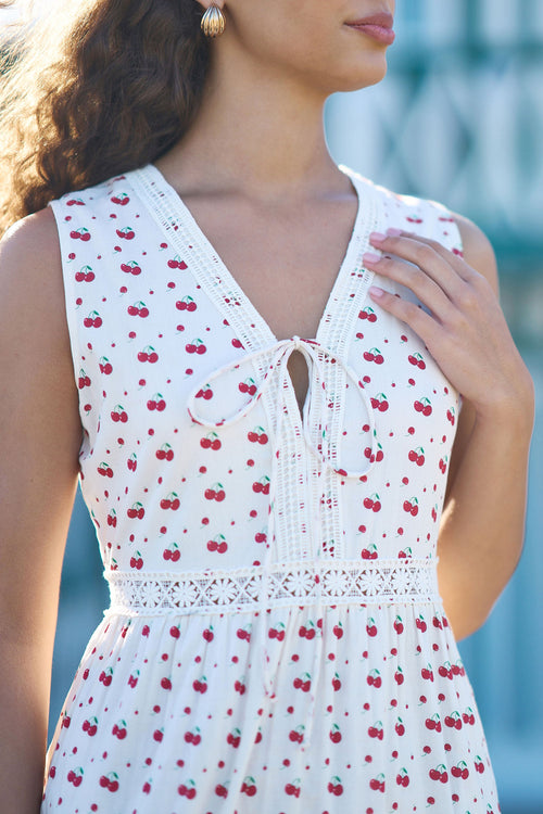 Yumi White Cherry Print Lace Trim Cotton Midi Dress