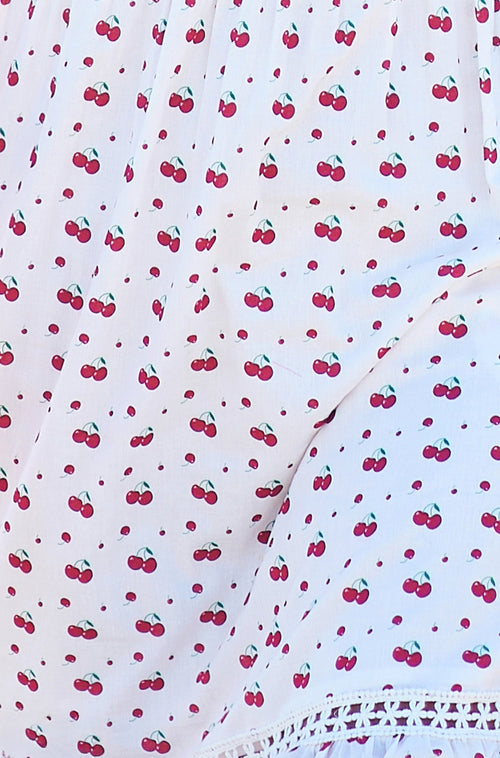 Yumi White Cherry Print Lace Trim Cotton Midi Dress
