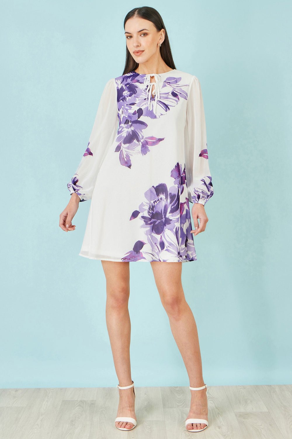 Yumi White Floral Placement Tunic With Keyhole Neckline