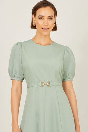 Yumi Mint Skater Dress With Puff Sleeves And Buckle Detail