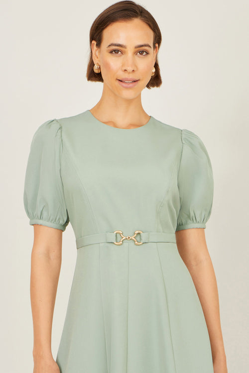 Yumi Mint Skater Dress With Puff Sleeves And Buckle Detail