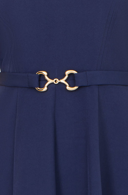 Yumi Navy Skater Dress With Puff Sleeves And Buckle Detail