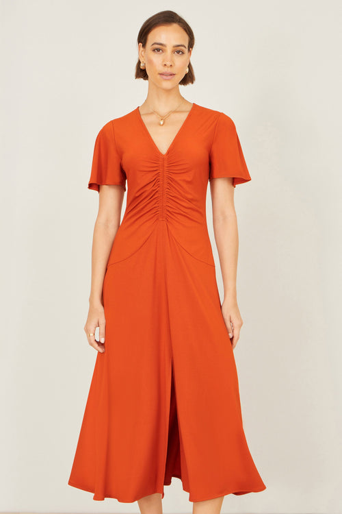 Yumi Orange Ruched Front Stretch Midi Dress