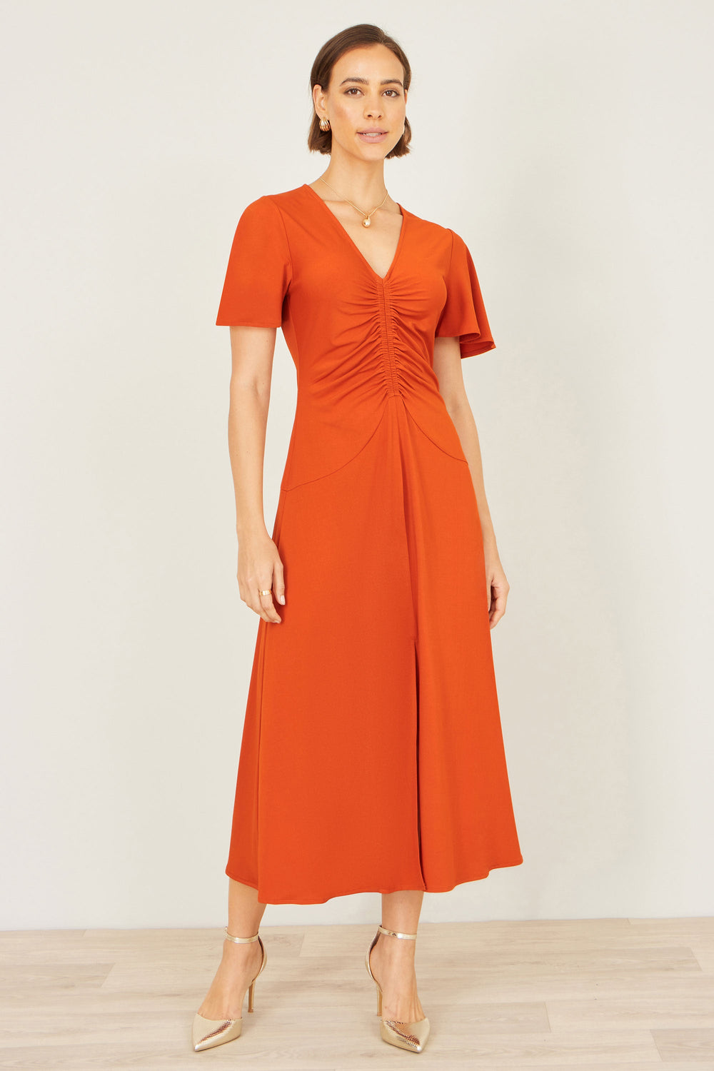 Yumi Orange Ruched Front Stretch Midi Dress