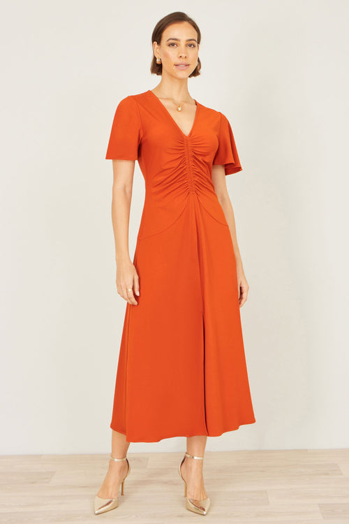 Yumi Orange Ruched Front Stretch Midi Dress