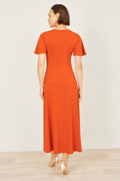 Yumi Orange Ruched Front Stretch Midi Dress
