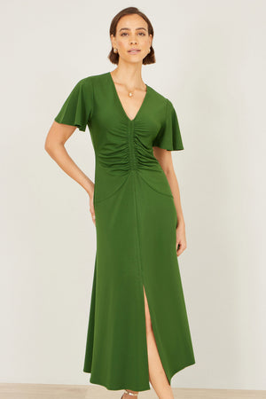 Yumi Green Ruched Front Stretch Midi Dress