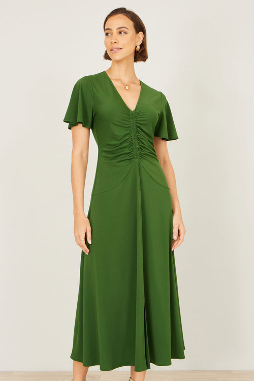 Yumi Green Ruched Front Stretch Midi Dress