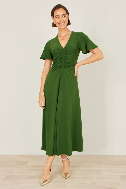 Yumi Green Ruched Front Stretch Midi Dress
