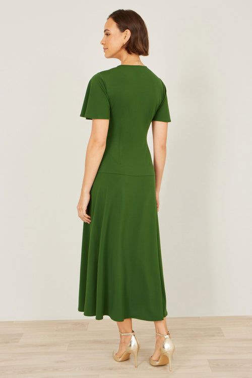 Yumi Green Ruched Front Stretch Midi Dress