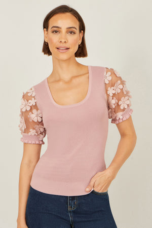 Yumi Blush Knitted Top With Floral Applique