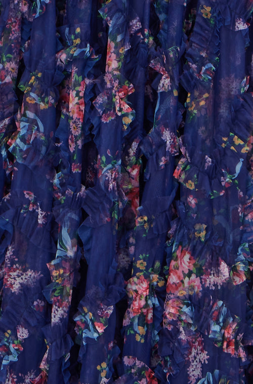 Yumi Navy Floral Ruffle Mesh Midi Skirt