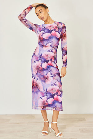 Yumi Purple Floral Mesh Midi Dress With Tie Back