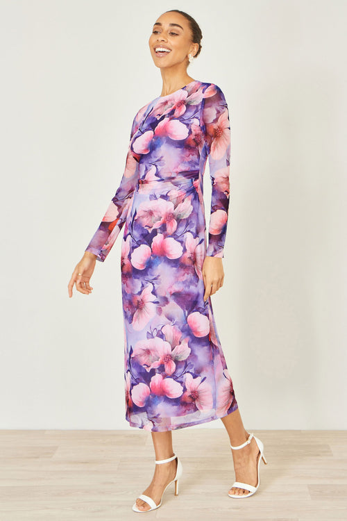 Yumi Purple Floral Mesh Midi Dress With Tie Back